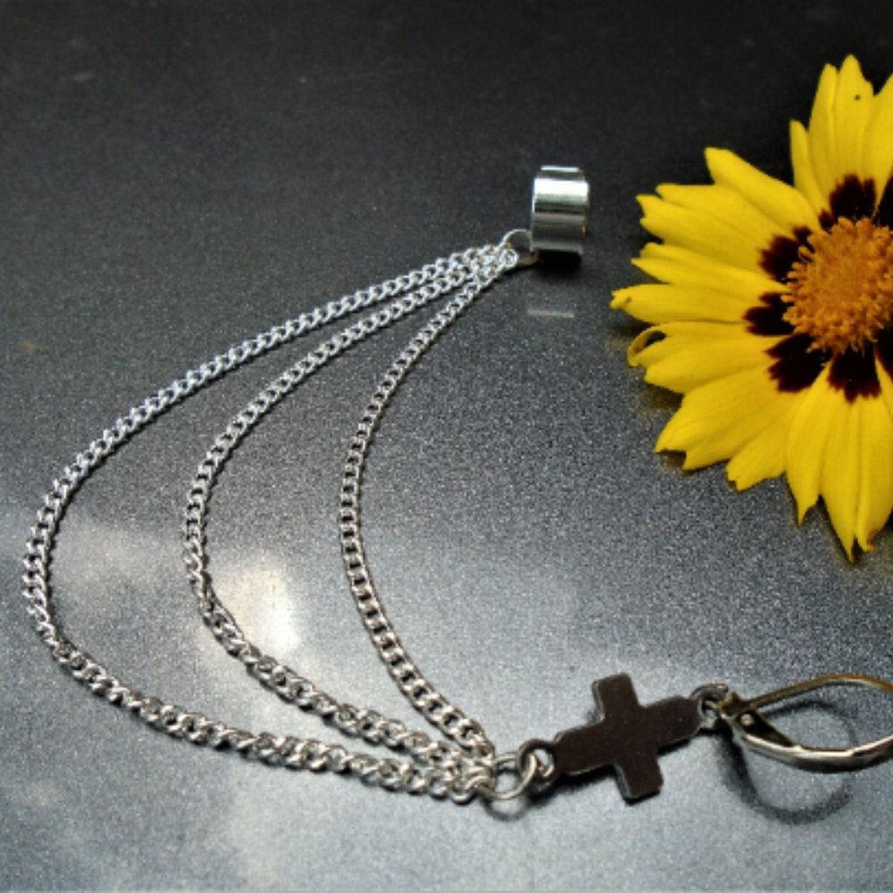 2/$25  Stainless steel Ear Cuff W Long 2mm Chains & small Cross on a leverback